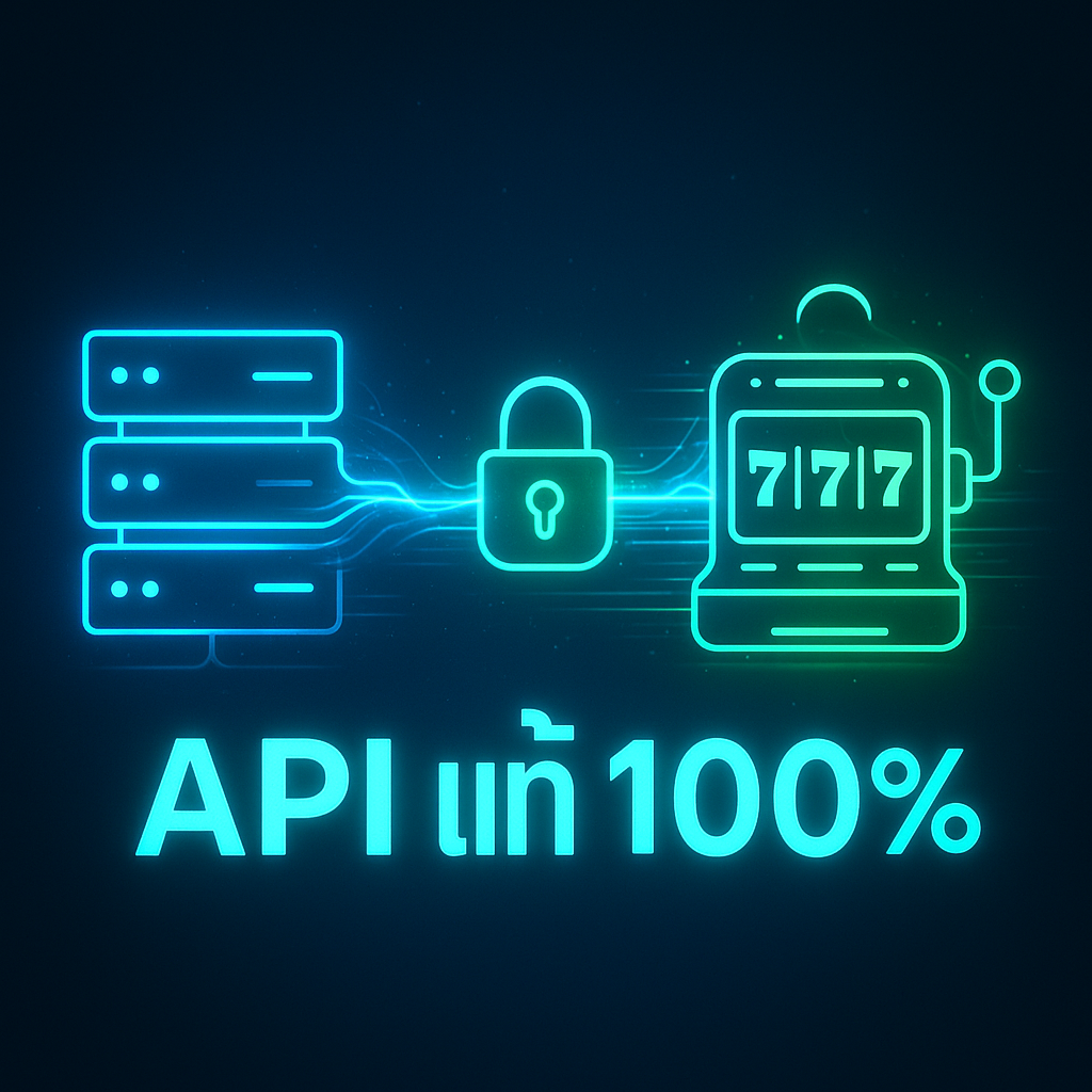ภาพกราฟิกแสดงการเชื่อมต่อ API ที่ปลอดภัยระหว่างเว็บสล็อตกับค่ายเกม