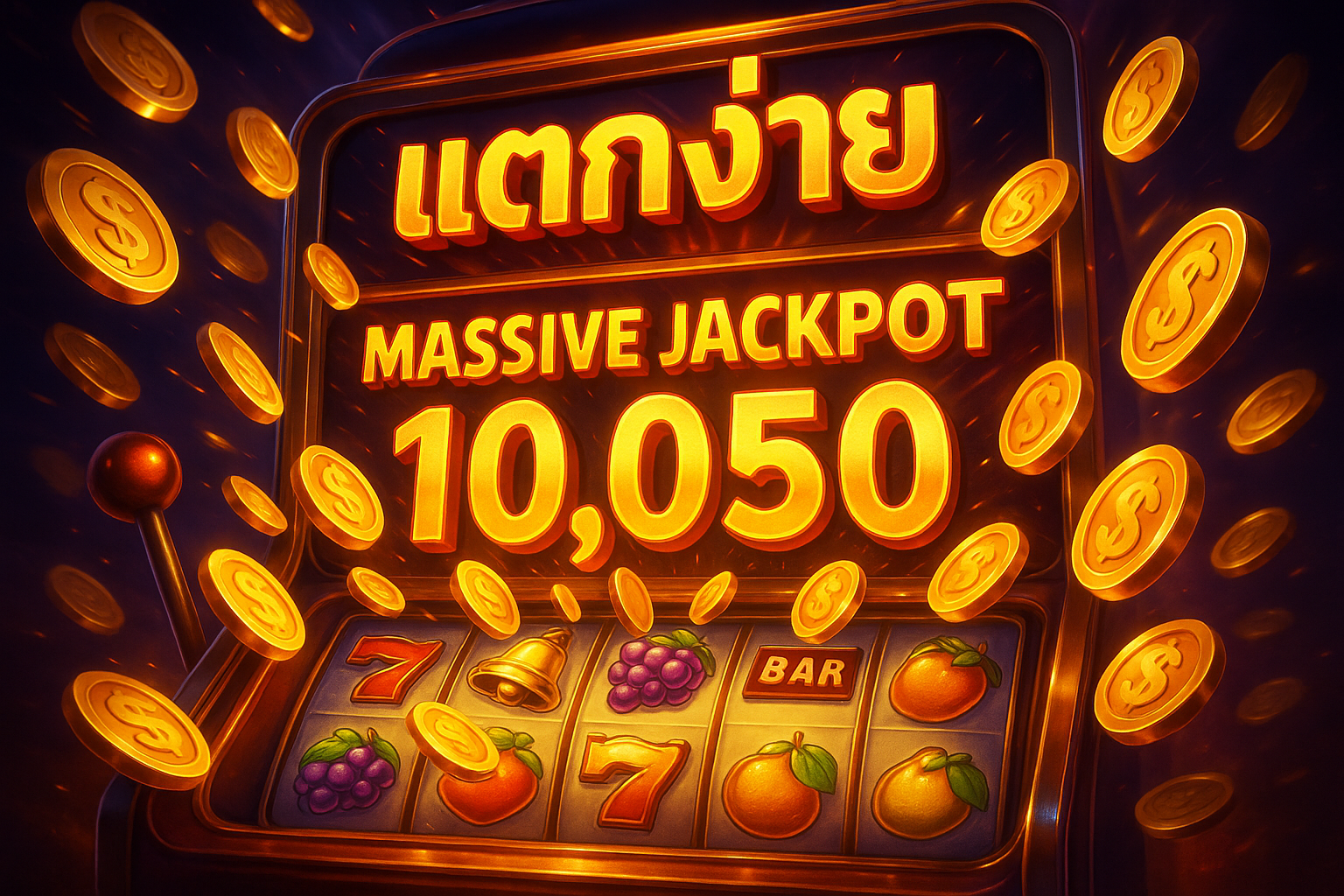 ภาพกราฟิกแสดงแจ็คพอตแตกง่าย พร้อมสัญลักษณ์เหรียญทองและแสงสว่าง