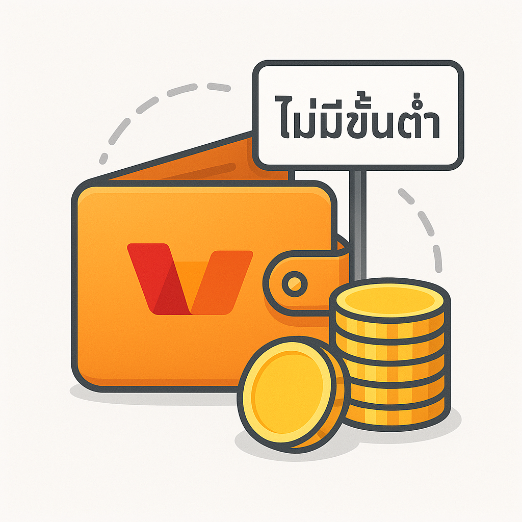 ภาพกราฟิกแสดงสัญลักษณ์ True Wallet และเหรียญทอง พร้อมคำว่า ไม่มีขั้นต่ำ