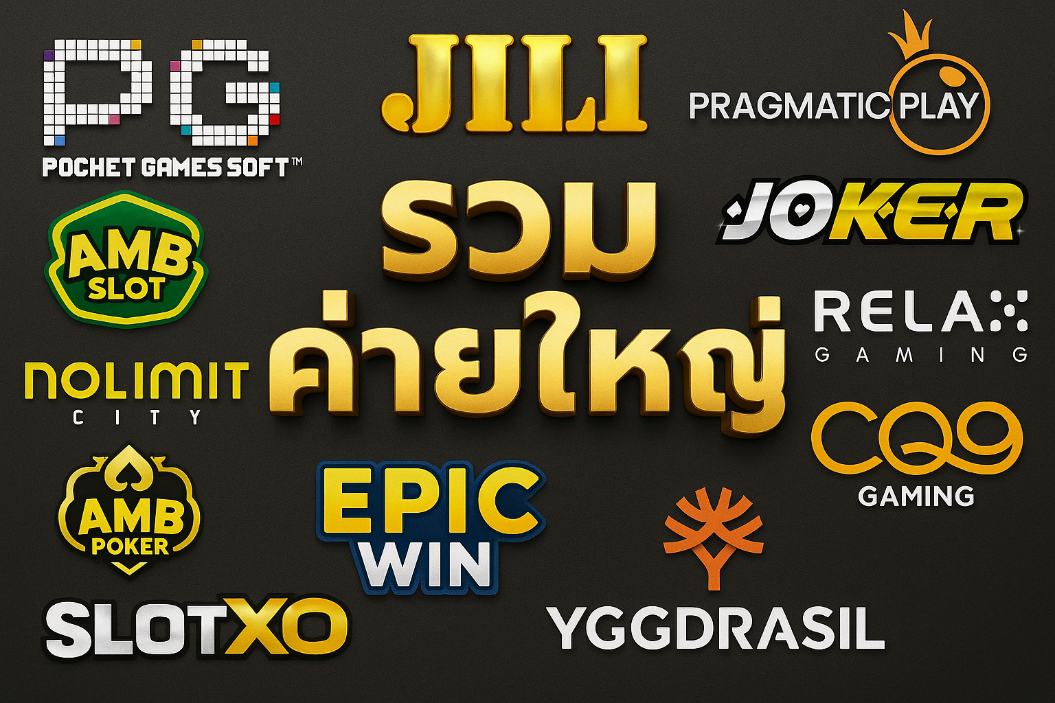 ภาพโลโก้ค่ายเกมสล็อตยักษ์ใหญ่ (PG, JILI, Pragmatic Play) ที่รวมอยู่ในเว็บตรง